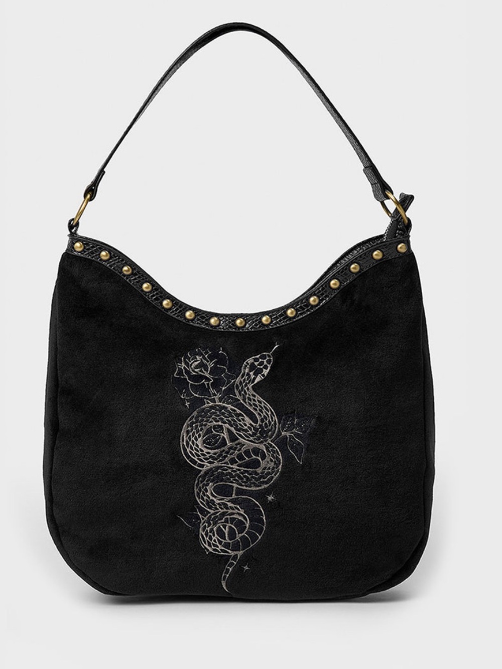 Snake and Thorn Embroidered Suede Hobo Bag